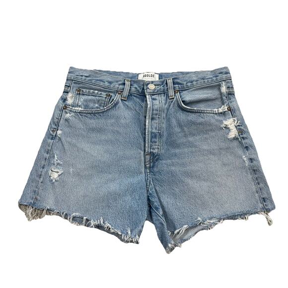 AGOLDE Women Jean Shorts Size 27 Blue Button Fry Distressed Denim 5" Inseam D11 - Picture 1 of 8